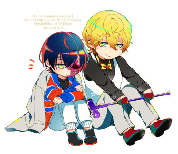 1boy 1girl black_hair black_shirt black_shoes blue_eyes borrowed_clothes bow bowtie cane coat commentary_request deformed gavel gloves grey_eyes grey_pants hair_between_eyes half_mask holding holding_cane jacket jacket_on_shoulders kishiru_inugami knees_up long_sleeves looking_at_viewer mask mno2kin multicolored_eyes open_clothes open_coat pants red_gloves red_shoes rei_shimobe reverse_trap shirt shoes short_hair shuten_order sitting smirk twitter_username two-tone_eyes vest watermark white_background white_pants white_vest yellow_bow yellow_bowtie yellow_eyes