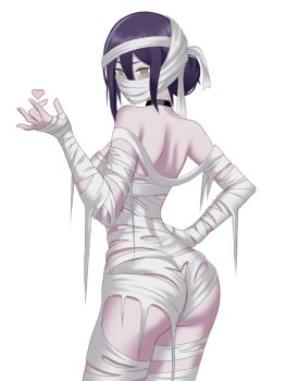 1girl ass bandages black_choker chainsaw_man choker green_eyes hair_between_eyes hair_bun heart highres mummy_costume naked_bandage pcharlesart purple_hair reze_(chainsaw_man) simple_background solo white_background