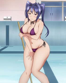 anime_screenshot bikini blue_hair blush breasts highres large_breasts maken-ki! nijou_aki solo stitched string swimsuit takami_akio third-party_edit