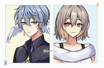 1boy 1girl alternate_hair_length alternate_hairstyle artist_name bare_shoulders black_shirt blonde_hair blue_background blue_hair border collarbone colored_inner_hair earrings feathered_wings gold_earrings grey_hair hair_between_eyes half-closed_eyes harusya head_wings honkai:_star_rail honkai_(series) jewelry looking_at_another looking_at_viewer mandarin_collar multicolored_hair piercing shirt short_hair short_sleeves simple_background smile stelle_(honkai:_star_rail) sunday_(honkai:_star_rail) teeth trailblazer_(honkai:_star_rail) upper_body wet wet_clothes wet_shirt white_border white_shirt wing_piercing wings yellow_background yellow_eyes