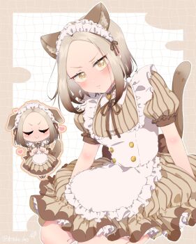Rule 34 | 1girl, :&gt;, animal ear fluff, animal ears, apron, bare arms, bare legs, blonde hair, blush, brown hair, brown ribbon, cat ears, cat girl, cat tail, chibi, chibi inset, commentary, dog ears, dog girl, dog tail, extra ears, forehead, frilled apron, frills, frown, gradient hair, heart, highres, kemonomimi mode, kikka 1003, kimi no koto ga dai dai dai dai daisuki na 100-nin no kanojo, looking at viewer, maid, maid apron, maid headdress, medium hair, meido mai, multicolored hair, neck ribbon, petticoat, pinstripe pattern, puffy short sleeves, puffy sleeves, ribbon, short sleeves, simple background, sitting, solo, tail, v-shaped eyebrows, white apron, yellow eyes