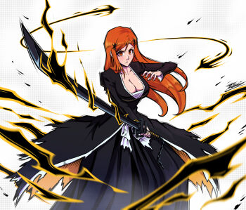 1girl aura bankai black_hakama bleach breasts cleavage closed_mouth commentary cosplay feet_out_of_frame fighting_stance floating_hair frown hair_between_eyes hair_over_shoulder hakama hand_up highres holding holding_sword holding_weapon inoue_orihime japanese_clothes kurosaki_ichigo kurosaki_ichigo_(cosplay) large_breasts long_hair long_sleeves looking_at_viewer orange_eyes orange_hair outstretched_hand serious shihakusho simple_background solo standing sword teiwicked tensa_zangetsu_(bankai) v-shaped_eyebrows weapon white_background zanpakutou