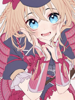 1boy :d armor blonde_hair blue_dress blue_eyes blush bow braid crossdressing crossdressing_(mtf) crossed_bangs dress enon_kt frilled_dress frilled_sleeves frills hair_between_eyes hair_bow hands_in_own_hair hands_on_own_cheeks hands_on_own_face holding holding_own_hair japanese_armor kote long_hair looking_at_viewer male_focus midare_toushirou midare_toushirou_(kiwame) open_mouth pink_bow puffy_short_sleeves puffy_sleeves short_sleeves shoulder_armor simple_background smile sode solo squatting touken_ranbu trap twin_braids white_background