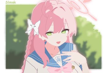 1girl absurdres ahoge blue_archive blue_sailor_collar border bow double-parted_bangs green_eyes hair_between_eyes hair_bow halo hanako_(blue_archive) hand_on_own_chest hashtag-only_commentary highres long_hair looking_at_viewer open_mouth outside_border pink_bow pink_hair pink_halo pixel_art sailor_collar shirt slmnk10124 smile solo upper_body white_border white_bow white_shirt