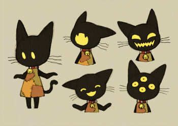 1girl :3 :d ^_^ animal_ears bare_arms bare_shoulders beige_background bell neck_bell black_skin brown_dress cat_ears cat_girl cat_tail reference_sheet closed_eyes collar colored_skin commentary doll dress extra_eyes closed_eyes flat_chest full_body happy legs_apart maniani monster_girl multiple_views no_eyes no_feet no_hands no_mouth no_pupils open_mouth orange_dress original outstretched_arms patchwork_clothes pigeon-toed red_collar red_pupils sharp_teeth sleeveless sleeveless_dress smile solid_oval_eyes standing stitches stuffed_animal stuffed_toy tail teeth upper_body whiskers yellow_eyes