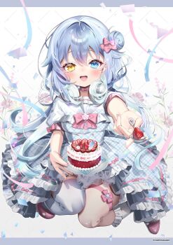 1girl asagi_shiki blue_dress blue_eyes blue_hair bow cake chi_no commentary commission dress food fruit hair_bow hair_bun headphones headphones_around_neck heterochromia highres holding holding_spoon incoming_food indie_virtual_youtuber layered_dress long_hair looking_at_viewer open_mouth pink_bow plaid_clothes plaid_dress short_sleeves single_hair_bun single_thighhigh skeb_commission smile solo spoon strawberry strawberry_cake symbol-only_commentary thigh_strap thighhighs virtual_youtuber white_thighhighs yellow_eyes