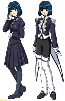 2girls arm_at_side artist_request belt belt_buckle black_footwear black_jacket black_pants black_pantyhose black_ribbon black_skirt black_sleeves black_theme blue_hair blunt_bangs blunt_ends bob_cut breasts buckle buttons cel_shading choker closed_mouth coattails collar collared_jacket collared_shirt dark_blue_hair double-breasted famitsu flats frilled_shirt frilled_shirt_collar frilled_sleeves frills gloves green_eyes hand_in_own_hair jacket kitaooji_hanabi knees_together_feet_apart looking_at_viewer looking_to_the_side medium_breasts medium_skirt military_uniform multiple_girls official_art open_mouth pants pantyhose ribbon ribbon_choker sakura_taisen sakura_taisen_iii second-party_source sega shirt simple_background skirt sleeve_cuffs standing straight_hair tachi-e undershirt watermark white_background white_collar white_gloves white_shirt white_sleeves