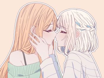 2girls absurdres blue_ribbon braid closed_eyes commentary_request gakuen_idolmaster green_sweater hair_ribbon half_up_braid highres idolmaster imminent_kiss katsuragi_lilja kousaka_0v0 mole mole_under_eye multiple_girls off-shoulder_sweater off_shoulder orange_hair outline parted_lips ribbon ribbon_braid shirt shiun_sumika short_hair sweater white_hair white_outline white_shirt yellow_background yuri