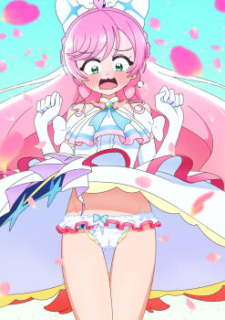1girl ascot blush bow bow_panties braid brooch cameltoe clothes_lift commentary constricted_pupils cowboy_shot crotch_seam cure_prism dress dress_lift earrings elbow_gloves embarrassed frilled_panties frills gloves green_eyes groin hair_bow highres hirogaru_sky!_precure jewelry layered_dress long_hair looking_at_viewer magical_girl mismatched_earrings nijigaoka_mashiro open_mouth panties pantyshot petals pink_hair precure short_dress side_braids sleeveless sleeveless_dress solo standing themed_clothing themed_panties themed_underwear thigh_gap tiler_(tiler00) underwear very_long_hair w_arms wavy_mouth white_ascot white_bow white_dress white_panties wind wind_lift wing_brooch