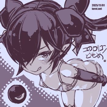 1girl ;q backbeako_(torotei) backbeard blush bra breasts closed_mouth collarbone commentary cowboy_shot dated dated_commentary elbow_gloves gegege_no_kitarou gloves hair_over_one_eye hair_ribbon hands_on_own_ass kono_lolicon_domome leaning_forward long_hair looking_at_viewer monochrome one_eye_closed original paid_reward_available panties pear-shaped_figure pointy_ears purple_background purple_theme ribbon simple_background small_breasts smile solo sweat tongue tongue_out torotei translated twintails two-tone_background underwear underwear_only watermark web_address white_background