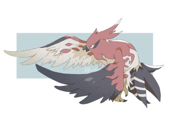 animal_focus bird black_eyes border claws commentary_request full_body gen_6_pokemon hosinyanko looking_ahead nintendo no_humans open_mouth pokemon pokemon_(creature) signature solo talonflame white_border