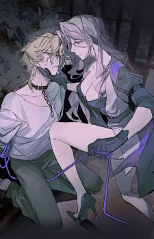 1boy 1girl anmio aventurine_(honkai:_star_rail) barefoot bdsm black_choker black_gloves black_pants blonde_hair blue_eyes bondage bound breasts captured chain chinese_commentary choker cleavage closed_mouth collarbone dark_room dress femdom from_side gloves glowing glowing_eyes grey_shirt hair_between_eyes hand_on_another&#039;s_chin head_tilt hetero high_heels highres honkai:_star_rail honkai_(series) huge_breasts indoors jade_(honkai:_star_rail) kneeling leaning_forward light_smile long_hair long_sleeves looking_at_another looking_down looking_up nervous_sweating on_one_knee pants pink_hair shade shirt short_hair sweat sweatdrop thighs wavy_hair