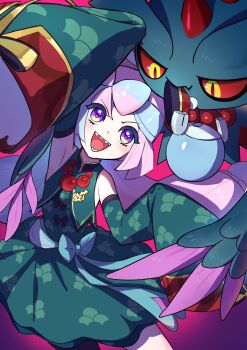 1girl :d absurdres armpits bare_shoulders bead_necklace beads blue_hair bow-shaped_hair character_hair_ornament commentary_request detached_sleeves dress flutter_mane green_dress hair_ornament happy highres iono_(fall_2024)_(pokemon) iono_(pokemon) jewelry looking_up multicolored_hair necklace nintendo official_alternate_costume open_mouth pink_hair pokemon pokemon_(creature) pokemon_masters_ex purple_eyes sharp_teeth sleeves_past_fingers sleeves_past_wrists smile so_oziji teeth two-tone_hair