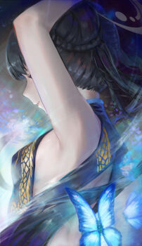 1girl absurdres arm_up armpits back_cutout black_hair blue_archive braid braided_bun breasts bug butterfly cherun china_dress chinese_clothes clothing_cutout double_bun dragon_print dress from_side grey_halo hair_bun halo highres insect kisaki_(blue_archive) long_hair small_breasts solo twintails upper_body very_long_hair
