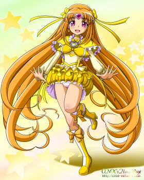 10s 1girl :d artist_name body_blush boots bow brooch bubble_skirt capelet choker circlet cure_muse cure_muse_(yellow) dress earrings female_focus flat_chest frills gradient_background hair_bow heart heart_earrings high_heels highres jewelry knee_boots kneehighs leg_lift long_hair looking_at_viewer magical_girl onoe open_mouth orange_hair panties pantyshot parted_bangs pink_eyes precure ribbon shadow shirabe_ako shoes short_dress skirt smile socks solo standing standing_on_one_leg star_(symbol) suite_precure underwear upskirt very_long_hair watermark web_address white_panties yellow_bow yellow_dress yellow_skirt yellow_socks