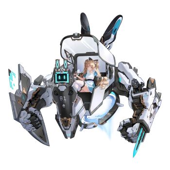 1girl absurdres alice&#039;s_adventures_in_wonderland alice_(alice_in_wonderland) apron black_bow blonde_hair blue_dress blue_eyes bow clenched_hands club_(shape) commentary_request crossed_legs cup cyanillust disposable_coffee_cup disposable_cup dress elbow_rest frilled_apron frills hair_bow hand_on_own_face head_rest highres holding holding_cup korean_commentary long_hair looking_at_viewer mecha original puffy_short_sleeves puffy_sleeves robot science_fiction short_sleeves simple_background sitting solo thighhighs twintails very_long_hair white_apron white_background white_thighhighs