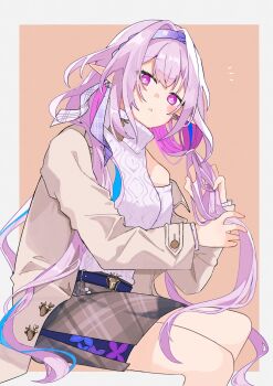 1girl animal_print belt bright_pupils butterfly_print castorice_(honkai:_star_rail) castorice_(luckin_coffee)_(honkai:_star_rail) clothing_cutout commentary_request earrings headband highres honkai:_star_rail honkai_(series) jacket jewelry long_hair official_alternate_costume open_clothes open_jacket parted_lips pointy_ears purple_eyes purple_hair ribbon riu_twilight25 shoulder_cutout sitting skirt sweater turtleneck turtleneck_sweater very_long_hair white_pupils