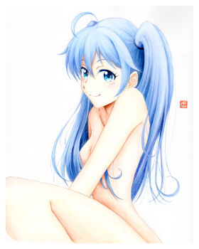 Rule 34 | 1girl, ahoge, arm behind back, benriya saitou-san isekai ni iku, blush, breasts, cleavage, collarbone, convenient censoring, covering privates, covering one breast, grey background, hair behind ear, hair between eyes, hair over breasts, hair over one breast, lafanpan, looking at viewer, nude, painting (medium), sitting, small breasts, smile, solo, traditional media, twintails, watercolor (medium), y takeshinu wan