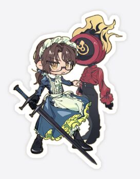 Rule 34 | 1boy, 1other, absurdres, ahoge, alternate costume, angry, apron, ascot, beard stubble, black-framed eyewear, black-framed glasses, black dress, black fire, black gloves, black pants, black socks, bloomers, blue dress, blue ribbon, brown eyes, brown hair, center frills, chibi, clenched teeth, clock, coat, collared shirt, crossdressing, crossdressing (mtf), dante (limbus company), defending, dngrumauma, dress, drop shadow, enmaided, facial hair, fighting stance, fire, floating, floating clothes, frilled apron, frilled bloomers, frilled dress, frilled sleeves, frills, from side, frown, full body, glaring, glasses, gloves, gregor (project moon), grey background, hair intakes, hair ribbon, half-closed eyes, highres, holding, holding sword, holding weapon, juliet sleeves, limbus company, long dress, long hair, long sleeves, looking at viewer, low ponytail, maid, maid apron, maid headdress, male focus, male maid, object head, outline, pants, parted bangs, parted lips, petticoat, ponytail, project moon, prosthetic head, protecting, puffy long sleeves, puffy sleeves, red shirt, ribbon, scowl, semi-rimless eyewear, serious, shirt, simple background, single glove, socks, standing, stubble, sword, teeth, under-rim eyewear, underwear, underwear peek, v-shaped eyebrows, waist apron, weapon, white apron, white ascot, white bloomers, white outline, wind, yellow eyes, yellow fire, zwei association south uniform