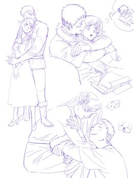 1boy 2girls :o ? ^_^ boots chinese_commentary closed_eyes commentary_request dog dress dungeon_meshi elf falin_touden flower hair_flower hair_ornament hair_over_another&#039;s_face high_heels highres hug hug_from_behind laios_touden light_blush long_hair marcille_donato medium_hair multiple_girls pointy_ears pout shirt short_hair sitting sketch smile speech_bubble thought_bubble white_background y95438370