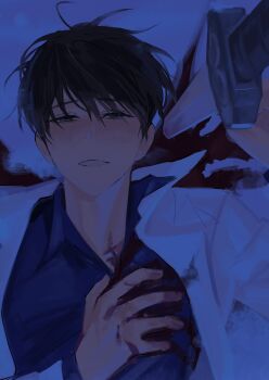 Rule 34 | 1boy, black eyes, black hair, black shirt, blood, blood on ground, clenched teeth, coat, collared shirt, from above, half-closed eyes, hands on own chest, hashtag-only commentary, highres, keomikan, kim dokja, looking at viewer, male focus, omniscient reader's viewpoint, open clothes, open coat, planted, planted sword, planted weapon, pool of blood, popped collar, pov, shirt, short hair, sword, teeth, upper body, weapon, white coat