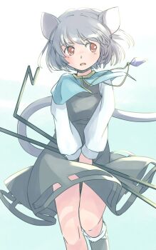 1girl :o animal_ears backlighting capelet clothing_cutout covering_crotch covering_privates cowboy_shot dowsing_rod floating_clothes floating_hair grey_hair looking_to_the_side mouse_ears mouse_tail nazrin rangycrow red_eyes short_hair simple_background skirt_hold solo standing standing_on_one_leg tail touhou undefined_fantastic_object wind wind_lift