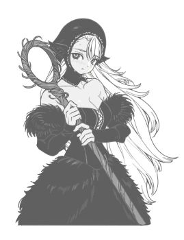 1girl denovo320 dress dungeon_meshi greyscale highres hood marcille_donato marcille_donato_(lord) monochrome solo white_background