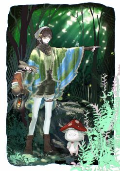 1girl ^_^ animal blue_poncho book boots border bracer braid brooch brown-framed_eyewear brown_boots brown_hair bush cat chinese_commentary cloak closed_eyes closed_mouth clothed_animal commentary_request dappled_sunlight day flower forest fringe_trim full_body glasses green_eyes green_poncho green_shirt green_shorts grey_cloak grey_headscarf grey_scarf hair_flower hair_ornament headscarf high-waist_shorts highres holding holding_book hood hood_up hooded_cloak infinity_nikki jewelry long_hair miluojiang momo_(nikki) mushroom mushroom_hat nature nikki_(series) official_alternate_costume open_book outdoors pantyhose parted_lips pendant pointing pointing_up procreate_(medium) scarf shirt shorts single_braid stylist_(nikki) sunlight thigh_strap two-tone_poncho whiskers white_border white_cat white_pantyhose yellow_flower