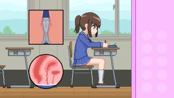 1girl ass bibi_(pixiv2017747) blue_shirt blue_skirt brown_eyes brown_hair cameltoe chair classroom cross-section desk female_focus indoors loli on_chair original panties partially_visible_vulva pixel_art ponytail school_desk school_uniform serafuku shirt shoes sitting skirt socks solo underwear white_panties window writing