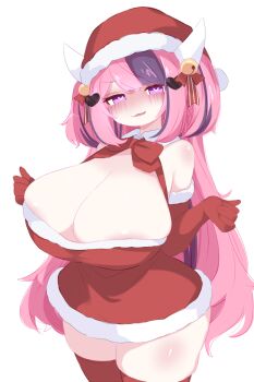 1girl :3 bell blush bow breasts christmas cleavage cleavage_cutout clothing_cutout demon_girl demon_horns dress fur-trimmed_dress fur-trimmed_gloves fur_trim gloves hair_bell hair_ornament hair_ribbon hat heart heart_hair_ornament highres horns huge_breasts indie_virtual_youtuber ironmouse jingle_bell kukuchi581 long_hair looking_at_viewer multicolored_hair open_mouth pink_hair purple_eyes purple_hair red_bow red_dress red_gloves red_ribbon red_thighhighs ribbon santa_costume santa_dress santa_hat sleeveless sleeveless_dress smile standing streaked_hair thighhighs twintails virtual_youtuber white_background