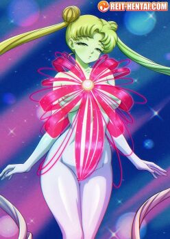 1girl artist_name bishoujo_senshi_sailor_moon blonde_hair breasts commentary double_bun english_commentary eyelashes hair_bun half-closed_eyes henshin highres legs_together medium_breasts nude parted_bangs parted_lips puffy_nipples pussy pussy_peek reit ribbon solo sparkle thighs tsukino_usagi twintails