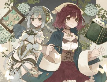 2girls atelier_(series) atelier_sophie book breasts brown_corset brown_eyes bug butterfly closed_mouth commentary_request corset covered_navel floating floating_book floating_object grey_hair headscarf highres holding holding_quill insect kuromame_(honey_728) medium_hair multiple_girls open_book plachta quill red_hair red_skirt skirt small_breasts smile sophie_neuenmuller wide_sleeves yellow_headscarf
