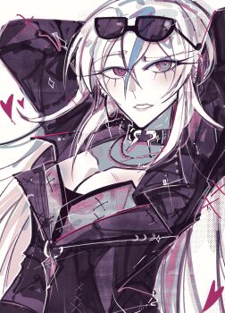 Rule 34 | 1girl, absurdres, alternate costume, arms behind head, blue streaks, breasts, cleavage, commentary, english commentary, eyewear on head, heart, heterochromia, highres, jacket, leather, leather jacket, long hair, multicolored hair, purple eyes, red eyes, smile, streaked hair, sunglasses, takueitaku, the hundred line -last defense academy-, v'ehxness, very long hair, white hair