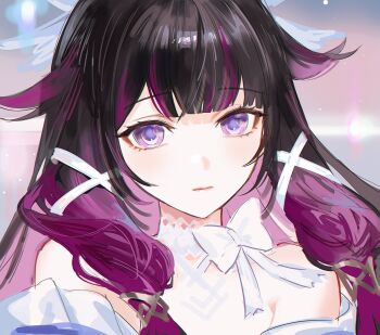 1girl bare_shoulders black_hair blush bow columbina_(genshin_impact) commentary fractalmagnolia genshin_impact highres long_hair looking_at_viewer multicolored_hair off_shoulder portrait purple_eyes purple_hair solo streaked_hair white_bow
