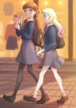 2girls absurdres backpack bag black_bag black_pantyhose blonde_hair blue_jacket braid brown_hair brown_shoes closed_mouth collared_shirt commentary_request crepe dress eating food food_on_face fork full_body gradient_hair green_eyes grey_dress hair_ribbon half_up_braid highres holding holding_crepe holding_food holding_fork holding_strap jacket loafers long_sleeves love_live! love_live!_superstar!! low_twintails multicolored_hair multiple_girls neck_ribbon onitsuka_natsumi open_clothes open_jacket open_mouth outdoors pantyhose pinafore_dress pink_eyes pink_hair pink_socks profile red_ribbon ribbon sakurakoji_kinako school_uniform shirt shoes sleeveless sleeveless_dress socks twintails two-tone_socks uduki_fuji utensil_in_mouth walking white_ribbon white_shirt yellow_socks yuigaoka_school_uniform