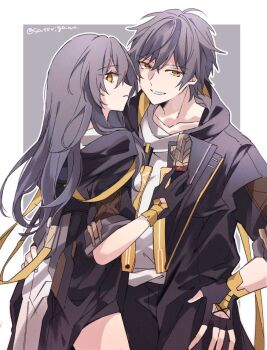 1boy 1girl black_gloves black_jacket black_pants black_skirt border brown_eyes caelus_(honkai:_star_rail) collarbone commentary cowboy_shot dual_persona fingerless_gloves from_behind gloves grey_background grey_hair hair_between_eyes hand_on_another's_waist hand_up honkai:_star_rail honkai_(series) hood hooded_jacket jacket lapels long_hair long_sleeves looking_ahead looking_at_viewer miniskirt open_clothes open_jacket outside_border pants satorigame shirt short_hair sidelocks simple_background skirt smile standing stelle_(honkai:_star_rail) t-shirt teeth trailblazer_(honkai:_star_rail) two-sided_fabric two-sided_jacket untranslatable_commentary white_border white_shirt yellow_eyes yellow_jacket