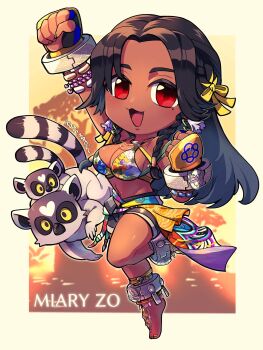 1girl anklet arm_up barefoot black_hair border braid breasts character_name cleavage commentary_request dark-skinned_female dark_skin fingerless_gloves floral_print floral_print_bikini full_body gloves highres jewelry kotorai large_breasts lemur long_hair miary_zo mixed-language_commentary mole mole_under_eye namco navel no_nose open_mouth print_bikini red_eyes ribbon ring-tailed_lemur signature solo tekken tekken_8 white_border yellow_ribbon