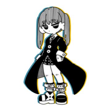 Rule 34 | 1girl, ankle belt, boots, coat, commentary request, deformed, drop shadow, full body, gloves, hozumiaka, jitome, long hair, long sleeves, maka albarn, monochrome, necktie, pleated skirt, simple background, skirt, solo, soul eater, standing, striped necktie, thick eyebrows, twintails, white background