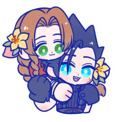 Rule 34 | 105zz, 1boy, 1girl, :3, aerith gainsborough, armor, bangle, black gloves, black hair, blue eyes, blush, bracelet, braid, braided ponytail, brown hair, closed mouth, commentary request, couple, cropped torso, cross scar, drill hair, drill sidelocks, facial scar, final fantasy, final fantasy vii, final fantasy vii remake, flower, gloves, green eyes, hair flower, hair ornament, hair ribbon, hand on another&#039;s arm, heads together, hug, hug from behind, jacket, jewelry, looking at another, lowres, parted bangs, pink ribbon, ponytail, red jacket, ribbed sweater, ribbon, scar, scar on cheek, scar on face, shoulder armor, sidelocks, simple background, smile, spiked hair, sweater, turtleneck, turtleneck sweater, upper body, white background, yellow flower, zack fair