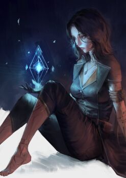 1girl barefoot clair_obscur:_expedition_33 floating floating_object highres knees_up lune_(clair_obscur:_expedition_33) medium_hair parted_bangs phamoz sitting solo