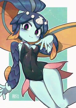 Rule 34 | 1girl, alternate costume, blue background, blue skin, blush, border, bow, bowtie, chichibu (watson), colored skin, covered navel, cowboy shot, detached collar, fins, fish girl, hair ornament, head fins, leotard, looking at viewer, looking down, minette (skullgirls), pink pupils, scales, shell, shell hair ornament, skullgirls, smile, solo, white border