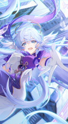 Rule 34 | 1girl, :d, absurdres, aqua eyes, bead bracelet, beads, bird, bracelet, bupa chila, detached sleeves, dress, earrings, floating hair, gloves, halo, hand on own chest, head wings, highres, honkai: star rail, honkai (series), jewelry, long hair, looking at viewer, musical note, open mouth, outdoors, purple dress, reaching, reaching towards viewer, robin (honkai: star rail), short sleeves, smile, two-tone dress, white dress, white gloves, wings