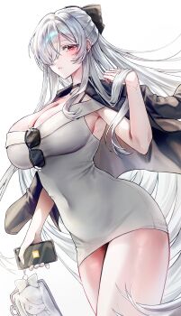 1girl absurdres black_bow black_choker black_jacket bow breasts cellphone_charm character_charm charm_(object) choker cinderella_(beautiful_me)_(nikke) cinderella_(nikke) cleavage closed_mouth collarbone commentary covered_navel cowboy_shot dongtan_dress dress eyewear_hang goddess_of_victory:_nikke grey_dress hair_between_eyes hair_bow hair_over_one_eye heart heart_necklace highres holding holding_phone jacket jacket_on_shoulders jewelry large_breasts long_hair looking_at_viewer necklace official_alternate_costume phone red_eyes sidelocks simple_background sleeveless sleeveless_dress solo someang standing unworn_eyewear very_long_hair white_background white_hair
