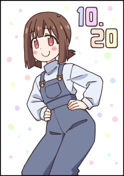 1girl blush_stickers brown_hair dated hands_on_own_hips happy_birthday hozuki_momiji long_sleeves medium_hair nekotoufu onii-chan_wa_oshimai! overalls polka_dot polka_dot_background ponytail red_eyes short_ponytail smile solo