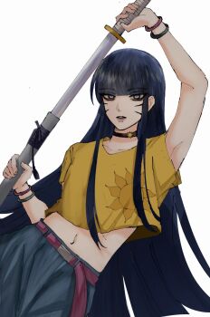 1girl belt black_choker black_hair blue_eyes blue_pants boruto:_two_blue_vortex bracelet choker contrapposto cowboy_shot crop_top cropped_shirt dutch_angle facial_mark highres holding holding_sheath holding_sword holding_weapon ifevilwhyuhot jewelry long_hair midriff naruto_(series) navel pants purple_belt serious sheath sidelocks solo sword unsheathing uzumaki_himawari very_long_hair weapon whisker_markings