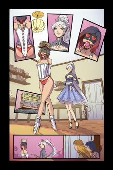 4girls absurdres animal_ears armbinder ball_gag ballet_boots bdsm black_border black_hair blake_belladonna blindfold blonde_hair blue_eyes bondage book border bound breasts cat_ears caught cleavage_cutout clothing_cutout commentary corset desk door english_commentary faunus_(rwby) gag gag_chinstrap gagged gem gradient_hair high_heels highres holding holding_riding_crop lock lordtabaqui multicolored_hair multiple_girls multiple_views no_scar padlock panties ponytail red_hair red_panties riding_crop ruby_rose rwby shelf skirt table underwear voyeurism walk-in weiss_schnee white_corset white_hair yang_xiao_long yuri