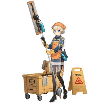 1girl apron blue_eyes bottle full_body game_cg girls'_frontline girls'_frontline_neural_cloud gloves hair_ornament hairclip headscarf highres janitor jessie_(neural_cloud) light_brown_hair long_sleeves m1897_(girls'_frontline) mop mop_bucket object_in_pocket official_art orange_headscarf pantyhose pen_in_pocket pleated_skirt pocket rubber_gloves see-through_clothes shoes short_hair skirt smile sneakers solo spray_bottle transparent_background wet_floor_sign white_skirt yellow_gloves