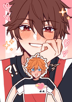 !? 2boys akehoshi_subaru arrow_through_heart blue_eyes blush brown_hair clenched_teeth commentary_request crew_neck ensemble_stars! hair_between_eyes hand_up heart highres looking_at_viewer male_focus morisawa_chiaki multicolored_shirt multiple_boys neki_(nekiansu0918) open_mouth orange_hair shirt short_hair short_sleeves smile sparkle star_(symbol) t-shirt teeth upper_body yaoi