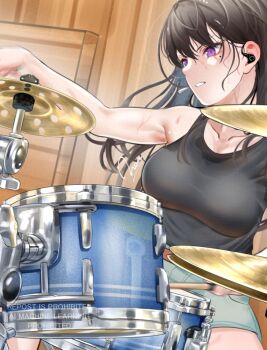 1girl adversarial_noise bang_dream! bang_dream!_it&#039;s_mygo!!!!! black_hair black_tank_top breasts commentary drum drum_set in-ear_earphones instrument large_breasts long_hair mole mole_under_eye noir_(nowaru) open_mouth playing_drum purple_eyes shiina_taki solo sweat symbol-only_commentary tank_top