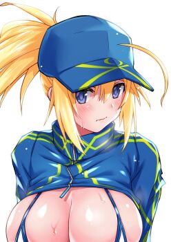 1girl ahoge artoria_pendragon_(fate) baseball_cap bikini blonde_hair blue_eyes blue_hat blue_shrug blush breasts cleavage fate/grand_order fate_(series) hat highres large_breasts long_hair long_sleeves looking_at_viewer mysterious_heroine_xx_(fate) ponytail shrug_(clothing) sidelocks solo swimsuit tsuzuki_yoshio white_bikini